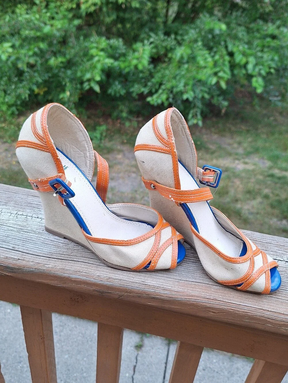 Wedge Peep-Toe Sandals in Beige and Orange